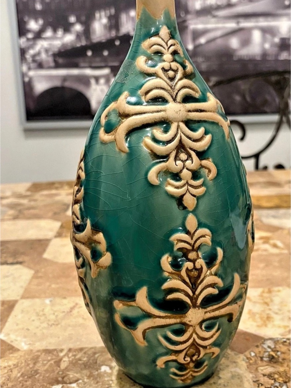 Teal Ceramic Vase Raised Fleur de Lis Ornate Mediterranean Decor